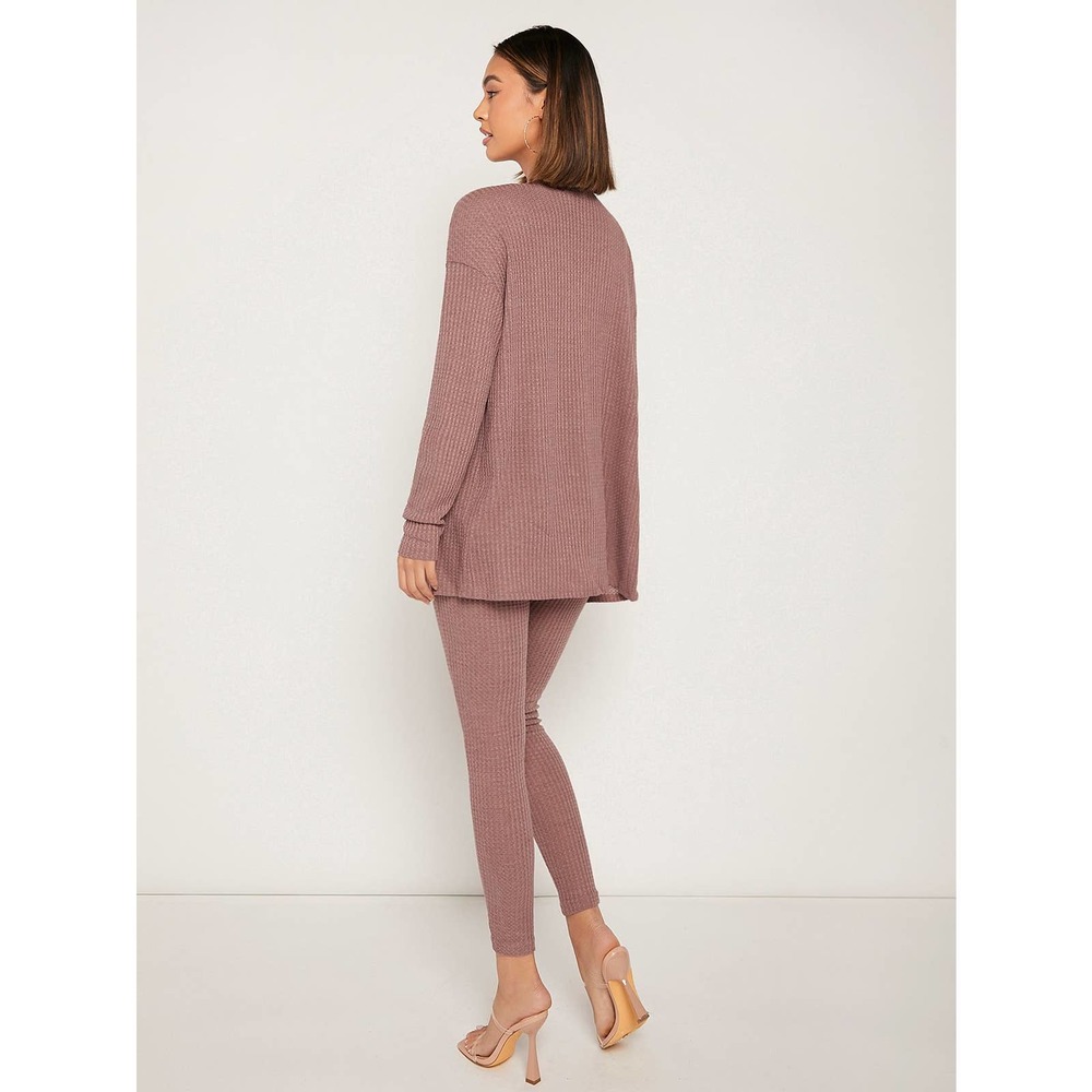 3 piece set: Waffle Knit Tank Top & Leggings & Coat cardigan mauve - Picture 11 of 11